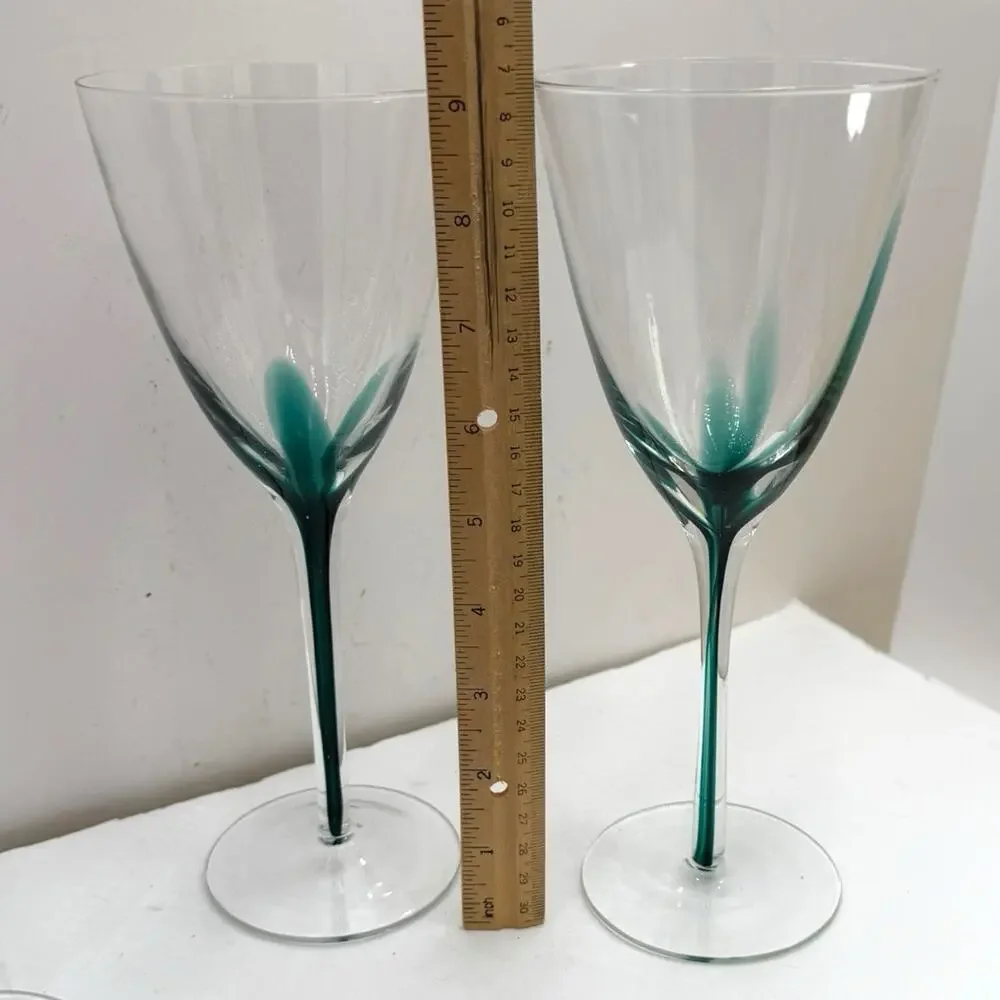 Pier 1 Emmie Crystal Wine‎ Glass Hand Blown Dark Green Filament Stem Barware 9”